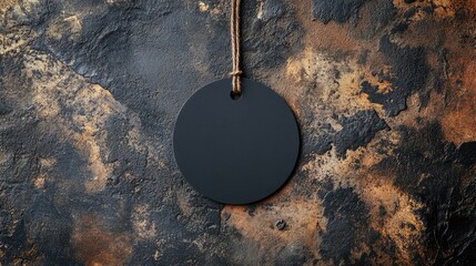 Poster - Blank black round sale tag positioned overhead on a textured dark bronze stone background with natural tones and rustic appeal.