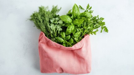 Aufkleber - Top view of a soft pink cotton pouch overflowing with vibrant green fresh herbs including basil, cilantro, and parsley on a light gray background