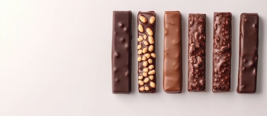 Poster - Assorted chocolate bars in various fillings displayed from a top view on a light gray background with empty space for text.