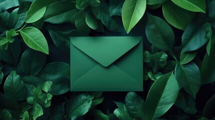 Aufkleber - Top view of a vibrant green envelope mockup surrounded by lush green leaves on a dark background showcasing nature's tranquility and freshness.