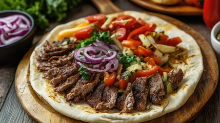 Poster - Aromatic Turkish Doner Kebab Served on Flatbread with Fresh Vegetables and Herbs