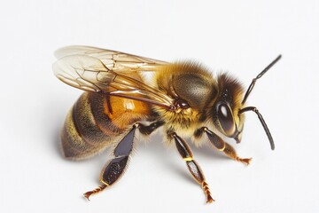 Poster - A close-up view of a bee sitting on a white surface, highlighting its details