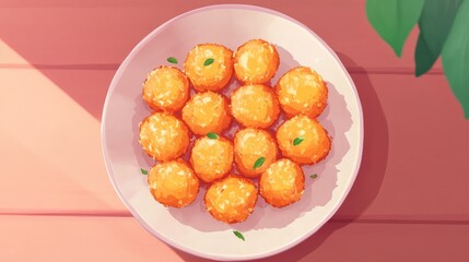 Aufkleber - Delicious golden fried potato balls arranged on a white plate with green leaves and a warm wooden background, capturing a cozy and inviting atmosphere.