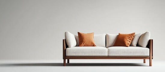 Poster - Contemporary Living Room Setting Featuring Light Gray Walls, Warm Wood Sofa with Textured Cushions in Earthy Tones, Ideal for Interior Design Templates