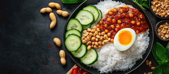 Fototapete - Nasi Lemak Traditional Rice Dish with Anchovies Peanuts Cucumber Boiled Egg and Sambal on Black Surface Asian Cuisine Conceptual Image
