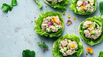Aufkleber - Fresh Tuna Salad Lettuce Wraps with Colorful Edible Flowers Nutritious Omega 3 Rich Ingredients for a Healthy Meal Option