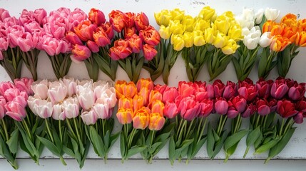 Poster - Colorful variety of tulip flowers arranged in rows on a white background for floral design and nature-themed projects