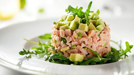 Poster - Tuna salad with avocado and arugula beautifully presented on a white plate with a light background showcasing healthy cuisine.