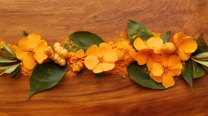 Poster - Turmeric flowers leaves and powder arranged artistically on wooden surface showcasing natural beauty and health benefits of turmeric.