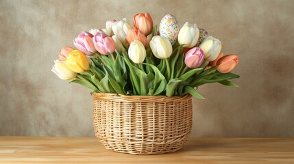 Aufkleber - Tulip bouquet in a woven basket with pastel Easter eggs and white space for text on a rustic background