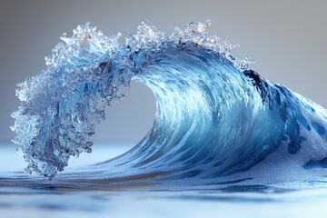 Poster - A massive wave crashes onto the sandy shore, creating a misty veil and foamy splashes