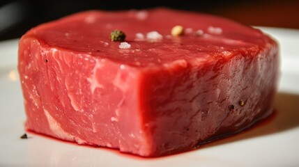 Poster - Freshly cut tuna steak ready for gourmet cooking with seasonings and herbs on a clean plate in a home kitchen setting.