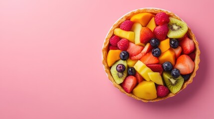 Poster - Colorful fruit tart with a variety of fresh berries and tropical fruits displayed on a pastel pink background with ample copy space on the left side
