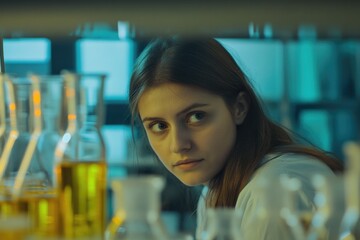Aufkleber - A scientist looking directly at the camera in a white lab coat, with a neutral expression