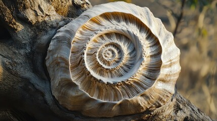 Poster - Natural spiral shell formation on tree trunk showcasing intricate patterns and textures in close-up detail.