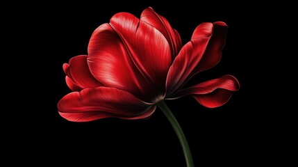 Poster - Stunning close-up of a vibrant red tulip beautifully illuminated against a dark background showcasing its delicate petals and graceful form.
