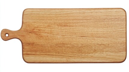 Poster - Rectangular wooden cutting board with handle in natural wood tones viewed from above on a white background, ideal for kitchen and cooking imagery.