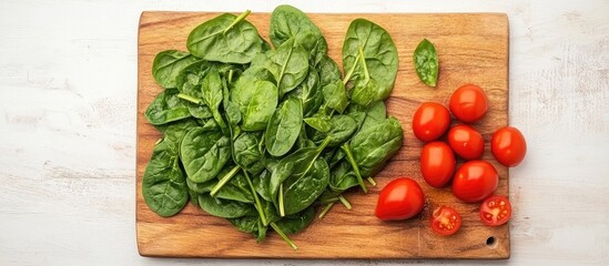 Poster - Top view of vibrant green cooked spinach leaves and ripe red tomatoes on a rustic wooden cutting board with a white background and space for text
