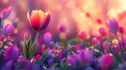 Poster - Vibrant Tulip Field in Bloom with Soft Blossoms and Warm Light Creating a Dreamy Spring Atmosphere