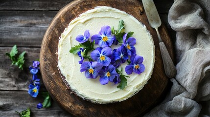 Poster - Elegant wedding cake adorned with creamy frosting and vibrant violet flowers, displayed on a rustic wooden board with soft fabric accents.