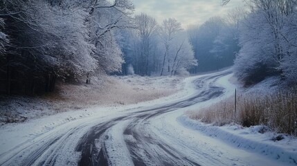 Poster - Serene winter landscape with winding road surrounded by snow-covered trees and a tranquil atmosphere in early morning light