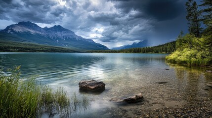 Poster - Serene lake under dramatic stormy skies highlighting nature's stark contrasts and inviting contemplation in a breathtaking landscape scene