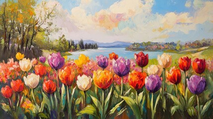 Aufkleber - Vibrant Tulip Field Overlooking Serene Lake Surrounded by Lush Greenery and Scenic Mountains under a Bright Blue Sky