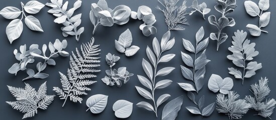 Fototapete - Flat Lay of Assorted Green and Grey Tree Leaves on Dark Grey Surface with Empty Space for Text in Natural and Subtle Tones