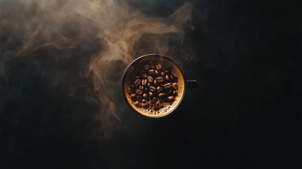 Poster - Aromatic steaming coffee cup surrounded by dark roasted beans on a black background showcasing rich brown hues and inviting textures.
