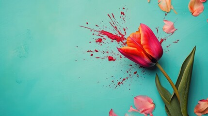 Fototapete - Vivid tulip with splashes of red paint surrounded by colorful petals on a bright teal background for artistic floral concept.