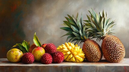 Poster - Vibrant assortment of tropical fruits including durian, rambutan, mango, and pineapple arranged on a rustic table with a warm background.