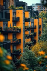 Aufkleber - Urban architecture with lush plants on balconies, suitable for cityscape or interior design
