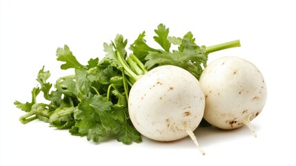 Poster - Fresh turnips with leafy greens isolated on a bright white background perfect for culinary use or agricultural themes
