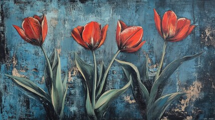 Poster - Vibrant red tulips against a textured blue background showcasing the beauty of spring blossoms in an artistic style.