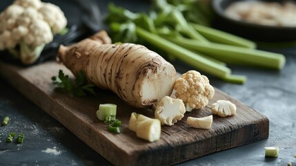 Poster - Tuber celery and cauliflower display on a rustic wooden board with fresh green herbs and vegetables for healthy lifestyle concepts