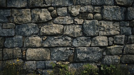 Poster - Textured stone wall with natural moss and greenery showcasing rustic architecture and historical craftsmanship in natural lighting.