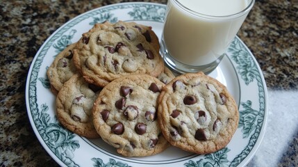Poster - Homemade chocolate chip cookies on a vintage floral plate with a glass of milk on a rustic wooden table, showcasing warm browns and creamy whites.