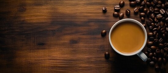 Aufkleber - Top view of a warm brown coffee cup on a rustic wooden table surrounded by dark roasted coffee beans with ample empty space for text