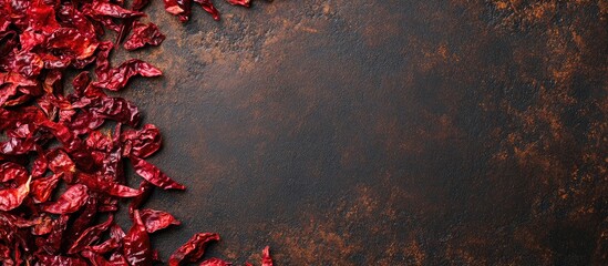 Poster - Top view arrangement of dried vibrant red chili peppers on dark textured surface with ample blank space for text or design elements