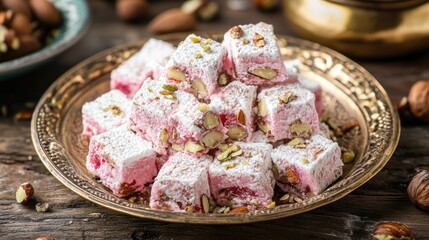 Aufkleber - Turkish delight with nuts served on ornate plate close up with almonds and pistachios on a rustic wooden background