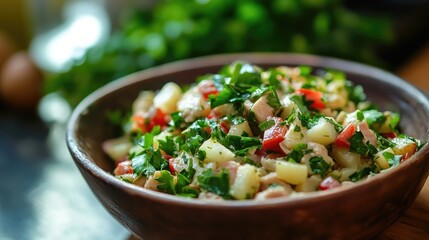 Aufkleber - Tuna and egg vegetable salad with potatoes garnished with fresh herbs served in a rustic wooden bowl on a textured table