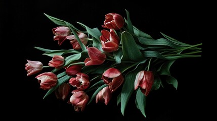 Aufkleber - Red Tulip Bouquet Elegant Arrangement on Dark Background for Floral Design and Decoration