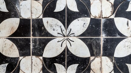 Poster - Vintage marble tile pattern featuring floral design on worn textured background