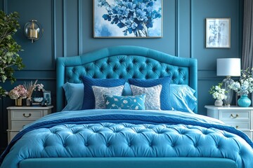 Canvas Print - A bed with a blue headboard and matching pillows