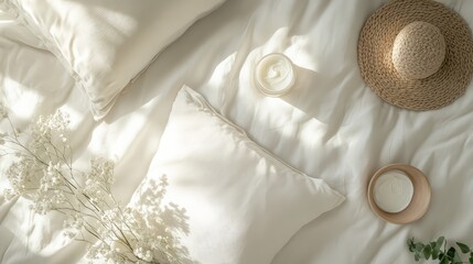 Aufkleber - Elegant top view of a serene white bed featuring soft bedding and plush pillows, accompanied by hand cream and a straw hat, in a sunlit room.