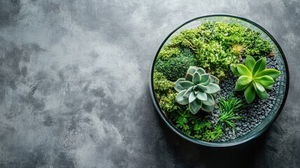 Poster - Top View of a Lush Green Terrarium with Succulent Plants and Decorative Gravel on a Dark Gray Workspace Background for Mindfulness and Relaxation
