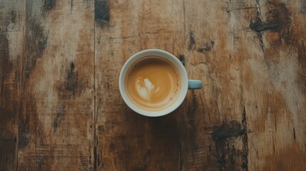 Aufkleber - Aromatic coffee cup with creamy foam positioned centrally on rustic natural wood table showcasing warm brown tones and textured surface.