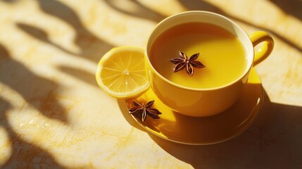 Aufkleber - Golden turmeric tea with honey, fresh lemon slice, and star anise featuring warm sunlight shadows on a pastel background.