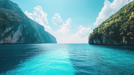 Poster - Tropical turquoise sea view with mountainous coastline under a bright blue sky and fluffy clouds in a split perspective composition