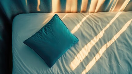 Poster - Elegant top view of a hotel room bed showcasing a turquoise pillow on a pristine white sheet illuminated by warm golden sunlight shadows.